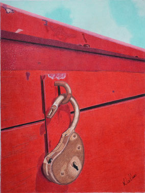 Coffre en bois, rouge, cadenas, 