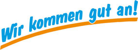 Wir kommen gut an! ... in hellblauen Worten und mit einem orangenem Unterstrich.