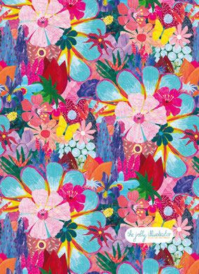 Abundant floral, surface pattern design for licensing. Papercut collage by the jolly illustrator/ Elze van den Akker