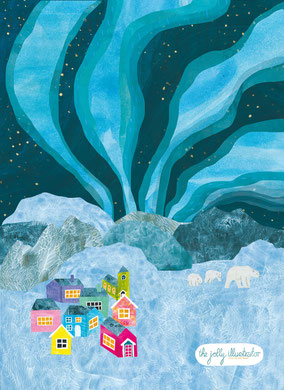 Series of illustrations themed Winter. Pastel, Christmas, snow, ice, friendship, Northern light, Robin, Helleborus, Norway, greeting card design, collage art by the jolly illustrator