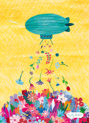 Flowers and a zeppelin. Greeting card design for licensing. Papercut collage by the jolly illustrator/ Elze van den Akker