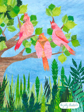 Illustration series showing 4 different pink birds in lush green environment, collage art by the jolly illustrator