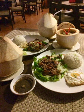 Lok lak beef (Cambodian style stir fried beef) & Amok fish (Steamed curried fish)
