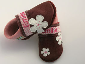  Lederschuhe, Bioleder braun /rosa, Name & 3 margeriten