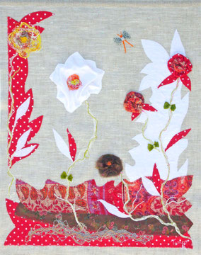 Flora -  Tableau textile à accrocher au mur, Broderie sur toile lin, 41 x 51 cm - Création Unique - Disponible