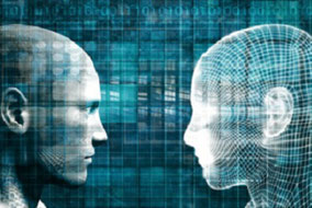 Zwei digitalisierte Gesichter, die sich anschauen