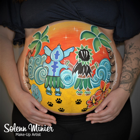 belly painting  lilo stitch palmier tropiques maquillage prénatal solenn minier rennes femme enceinte grossesse baby shower