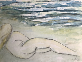 Weiblicher Akt am Meer (Aquarell, 30 x 40 cm)