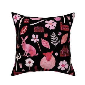 Pillow with pink english collage pattern made by Dutch artist the jolly illustrator