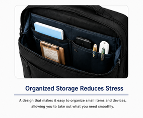 Well-organized interior of a business bag with dedicated pockets for a laptop, smartphone, wallet, pens, and accessories.