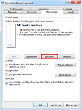 Windows 7. Eigenschaften von Internet / Datenschutz