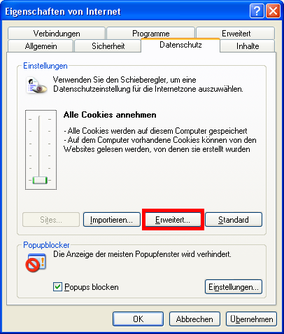 Windows XP. Eigenschaften von Internet / Datenschutz