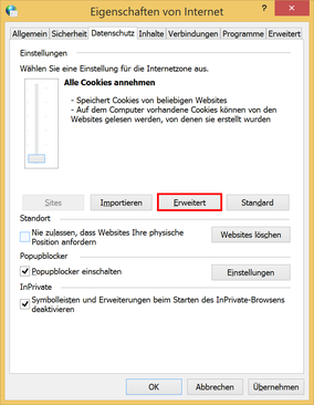 Windows 8.1. Eigenschaften von Internet / Datenschutz