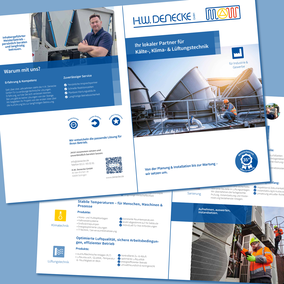 Broschüre mit blauen und petrolfarbenen Elementen passend zum Corporate Design
