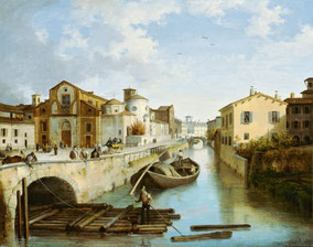Angelo Inganni, Veduta del naviglio e della chiesa di San Marco in Milano