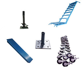 Manejamos los diferentes accesorios para andamio tubular tales como: Rodajas para andamio tubular con freno de seguridad, plataformas metálicas y de triplay para los andamios tubulares, tornillo regulable, base plana y escaleras internas para los andamios