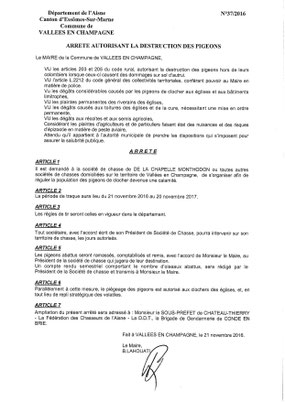 Arrêté autorisant la destruction des pigeons.