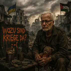 Fiktive Grafik: Person (ich) sitze in einem Ruinen nach einem Bombenangriff und stelle die Frage: Wozu sind Kriege da (in Anlehnung an einen Song von Udo Lindenberg)