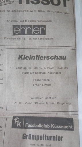 Zeitungsinserat für die Kleintierschau 1978