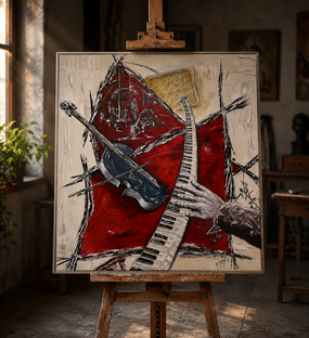 Die Hand glaubt, sie beherrscht die Tasten. Doch vielleicht ist sie längst Teil der Komposition.  Acryl auf Leinwand · 80 × 80 cm