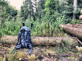 Wanderrucksack mit Stöcken auf einem Wanderweg.