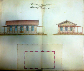 Das Restaurationsgebäude, Bau-Vorgabe der SSEG an die Stadtverwaltung Radeberg von 1845. Die Innen-Maße waren 12,9 m x 7,5 m = ca. 97 qm zzgl. 3-seitiger Veranda.  S. 11