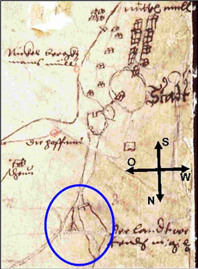 Richtplatz Amt Radeberg mit Galgen, in Karte von Matthias Oeder um 1585. Karte ist "gesüdet", d.h. Norden ist unten, Osten ist links.