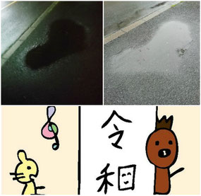 ハート形の水たまりの写真2枚(平成の夜と令和の昼)と、令和の文字を囲む動物たちのイラストです