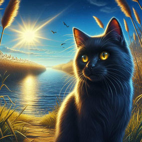 KI Bild. Rechts im Bild sitzt eine schwarze Katze mit gelben Augen auf einem Weg zu einem Fluss. Am Ufer des Flusses befindet sich Schilf. Der Himmel ist blauer, die Sonne knallt vom Himmel. Ein paar Vögel sind am Himmel zu sehen. Ruhige Stimmung. 