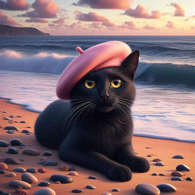 KI Bild. Eine schwarze Katze mit gelben Augen liegt mit erhobenem Kopf auf einem Strand mit vielen kleinen Steinen. Sie schaut nach vorne und trägt eine rosa Baskenmütze. Im Hintergrund das Meer und ein leicht bewölkter Himmel.