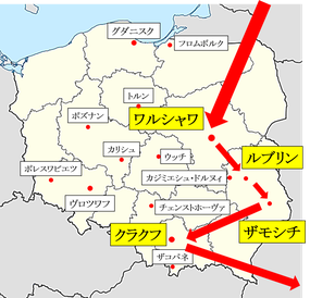 ワルシャワールブリンーザモシチ―クラクフ地図