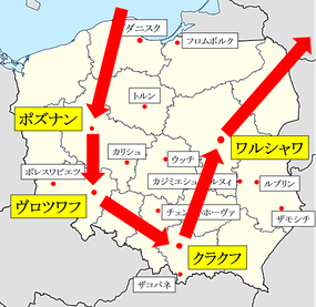 グダニスク-トルン-ワルシャワ-クラクフ地図