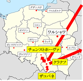 ヴロツワフ-カリシュ-チェンストホーヴァ-クラクフ地図