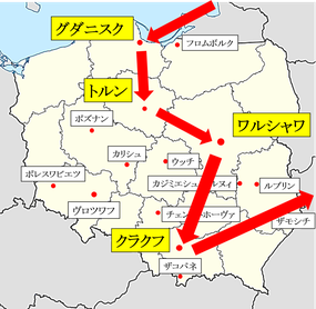 グダニスク-トルン-ワルシャワ-クラクフ地図