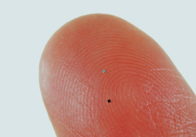 図 指先の黒い小さな点が半導体。商品につけるICチップ(画像提供:株式会社日立製作所)