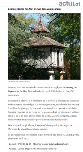 article actulot recommandations pour nuit insolite pour couple à deux dans le Lot Quercy 