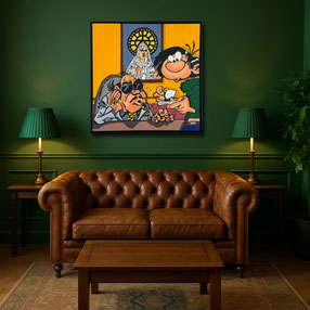 Ein klassisches Herrenzimmer mit dunkelgrünen Wänden und einem braunen Chesterfield-Leder-Sofa. Mittig darüber präsentiert sich das Pop-Art Gemälde „Auf ein Kaffee beim Don“ von Divo Santino als markanter Blickfang.