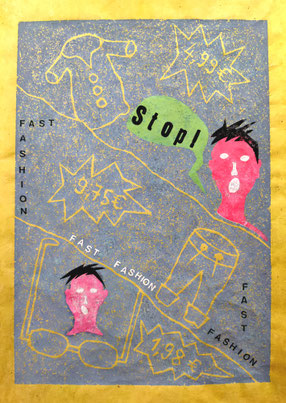 Stop! 3: Hoch- und Materialdruck auf farbigem Büttenpapier, 76 x 50 cm, 2021+2022