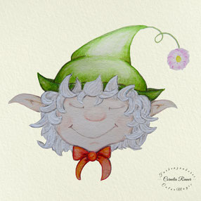 Elfenzwerg mit grünem Hut, an dessen Ende ein Gänseblümchen, eine rote Schleife am Hals, weiße Haare - Gnome Seamus - das Leben ist schön