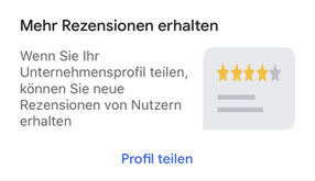 Screenshot des Felds "Mehr Rezensionen erhalten" in der Google MyBusiness App