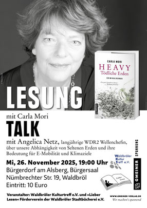 Das Bild zeigt ein Foto der Autorin und das Buchcover und folgenden Text:LESUNG © Britta Gebauer Mi, 26. November 2025, 19:00 Uhr Bürgerdorf am Alsberg, Bürgersaal Nümbrechter Str. 19, Waldbröl Eintritt: 10 Euro TALK WWW.GMEINER-VERLAG.DE 