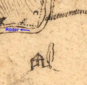 „Dreischläfriger Galgen" auf dem „Galgenberg“ im Radeberger Stadtplan von 1665 (Nr. 3 im großen Stadtplan)