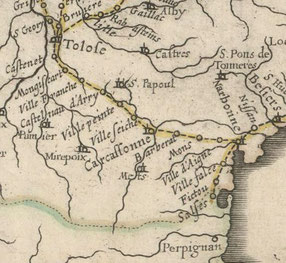 Les relais de poste dans le Lauragais en 1632 (Source : Carte géographique des postes qui traversent la France, Nicolas Sanson. BnF)