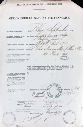 Option pour la nationalité française d'Émile Gsell en date du 16 septembre 1872.