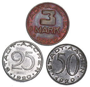 Aachen 25 und 50 Pfennig und 3 Mark Notgeld