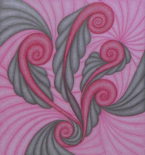 rote Spiralen vor grauem und rosafarbenem Hintergrund