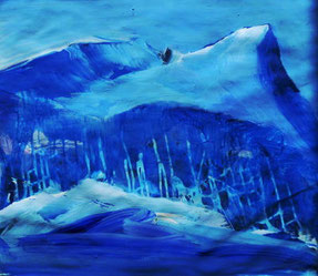 blaues papierbild. berge im winter