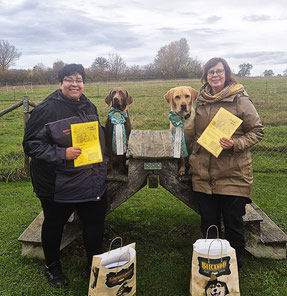 Zwei Personen stehen auf einer Wiese neben einem hölzernen Hundesprung, auf dem zwei Hunde sitzen. Beide Hunde tragen grün-weiße Schleifen um den Hals. Die Personen halten gelbe Urkunden in der Hand. Im Hintergrund sind Bäume und ein Zaun zu sehen.