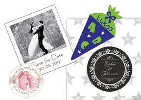 Fotomagnete, Eventaufkleber zur Geburt, Hochzeit und Einschulung, personalisierbares Geschenkpapier