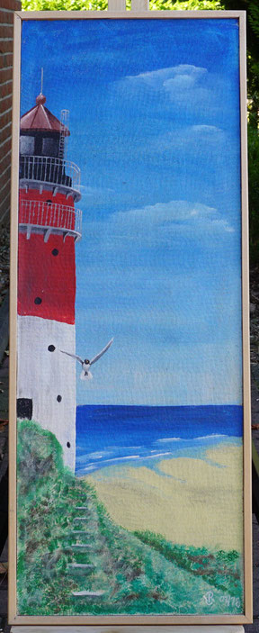 Leuchtturm am Strand, Acryl auf Hartfaser, Rahmen aus gesägten Vierkantleisten, LxB: ca. 69 cm x 27 cm, signiert